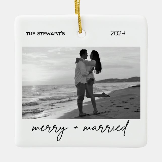 Modern Minimal Elegant Photo Merry & Married Ceramic Ornament (Front)