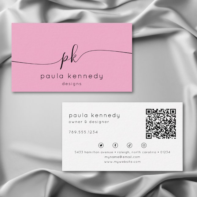 Modern Minimal Elegant Pink Monogram QR Code Business Card (Creator Uploaded)