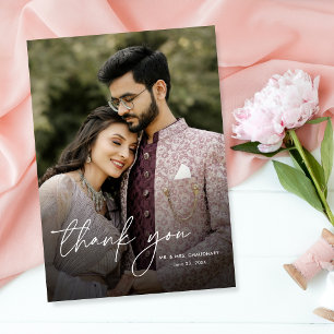 Modern Minimal Elegant Script 2 Photos Wedding Thank You Card