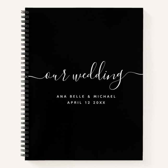 Modern Minimal Elegant Script Black Wedding Guest Notebook (Front)