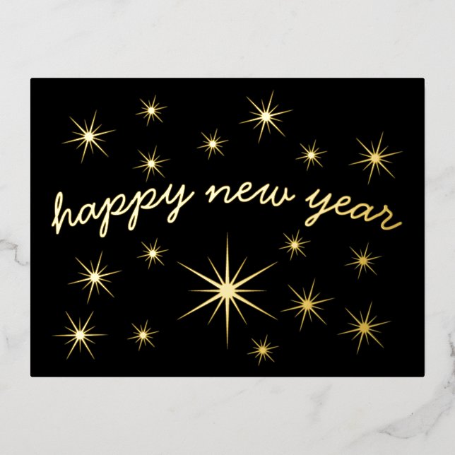 Modern Minimal Elegant Script Happy New Year Stars Foil Holiday Postcard (Front)