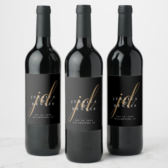 Modern Minimal Elegant Script Monogram Wedding Wine Label (Bottles)