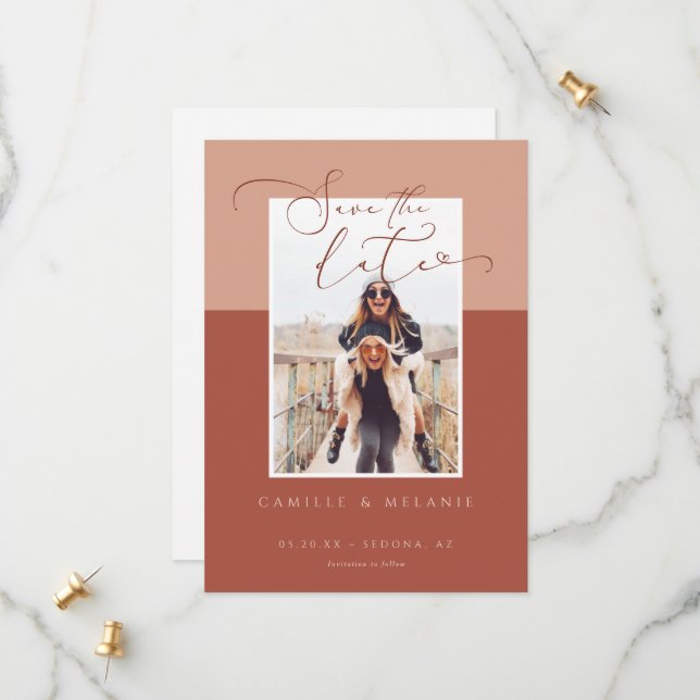 Modern, Minimal Elegant Terra Cotta Two Tone Photo Save The Date (Front/Back In Situ)