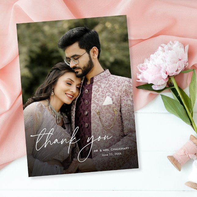 Modern Minimal Elegant Vertical Photo Wedding Thank You Card (Creator Uploaded)