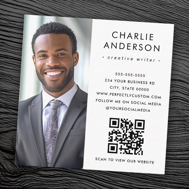 Modern minimal elegant white photo QR code Square Business Card (Modern minimal elegant white photo QR code Square Business Card)