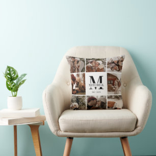 Modern Minimal Family Photo Collage Monogram Gift Cushion