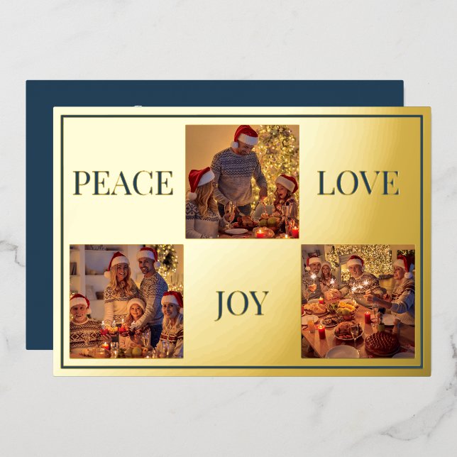 Modern Minimal Family Photo Peace Love & Joy Real Foil Holiday Card (Front/Back)