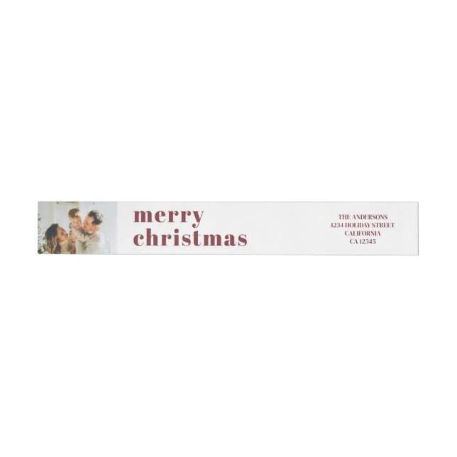 Modern Minimal Family Photo Red Christmas Wrap Wrap Around Label (Individual)