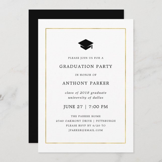Modern Minimal | Faux Gold Border Graduation Party Invitation (Front/Back)