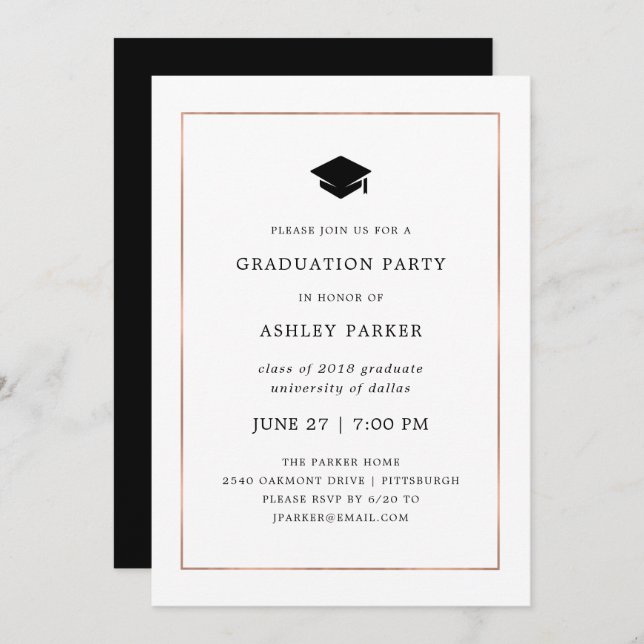 Modern Minimal | Faux Rose Gold Border Grad Party Invitation (Front/Back)