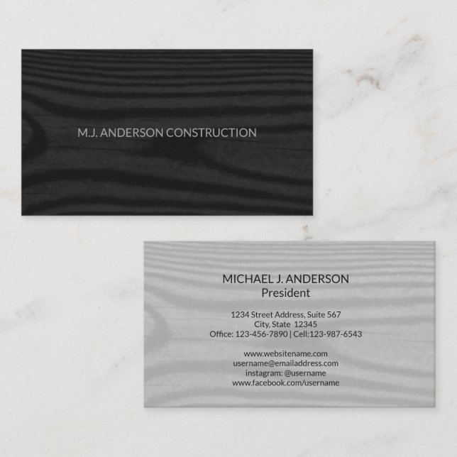 Modern Minimal Faux Wood Elegant Black and White Business Card (Front/Back)
