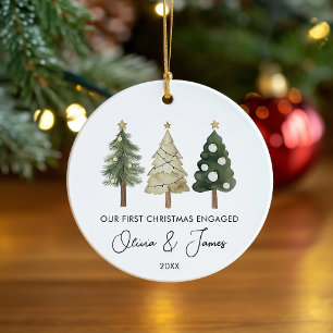 Modern Minimal First Christmas Engaged Ceramic Ornament