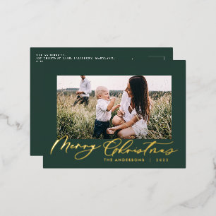 Modern minimal foliage 1 photo green elegant foil holiday postcard