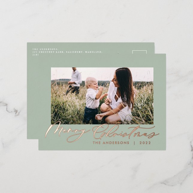 Modern minimal foliage 1 photo script elegant foil foil holiday postcard (Front/Back)