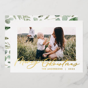 Modern minimal foliage 1 photo script elegant foil holiday card