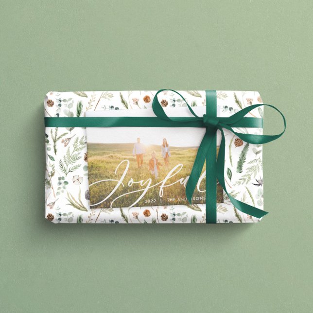 Modern minimal foliage 1 photo script elegant holi holiday card (Creator Uploaded)