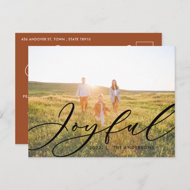 Modern minimal foliage 1 photo script elegant holi holiday postcard (Front/Back)