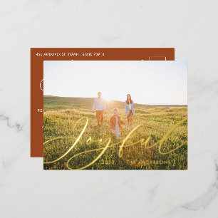 Modern minimal foliage 1 photo script elegant rust foil holiday postcard
