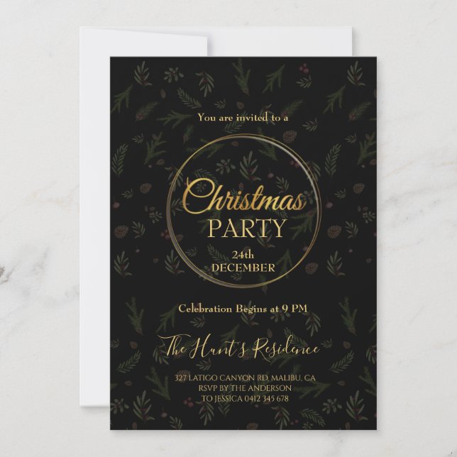Modern minimal foliage black Christmas Party Invitation (Front)