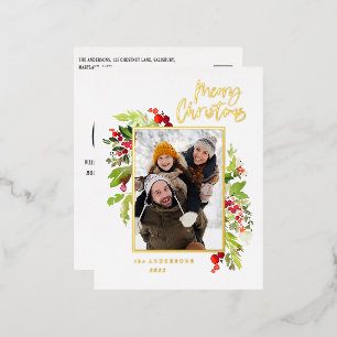 Modern minimal foliage elegant photo Christmas Foil Holiday Postcard
