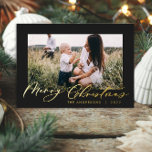 Modern minimal foliage photo script elegant black foil holiday card<br><div class="desc">Modern minimal foliage script real foil classy elegant holiday Christmas card. Hand painted eucalyptus,  minimal foliage and modern rustic rattan wreath give this holiday card a luxurious feel. In classy greens,  brown,  black and greys.</div>