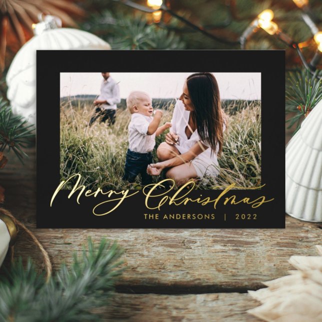 Modern minimal foliage photo script elegant black foil holiday card (Creator Uploaded)