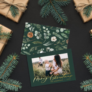 Modern minimal foliage photo script elegant green foil holiday card