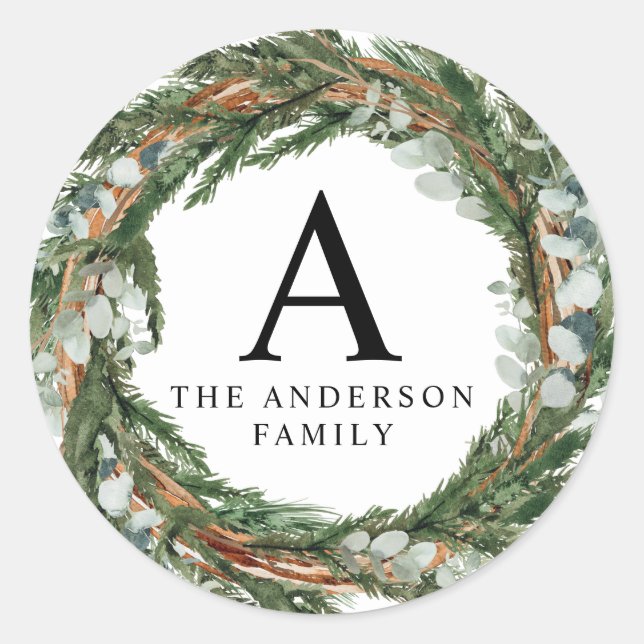 Modern minimal foliage winter green blue foliage classic round sticker (Front)