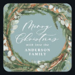 Modern minimal foliage wreath blue Christmas Square Sticker<br><div class="desc">Modern minimal foliage wreath script Merry Christmas holiday Christmas card. Hand painted eucalyptus,  pine tree branch,  minimal foliage and modern rustic rattan wreath give this holiday card a luxurious feel. In classy dusty blue,  green,  brown and grey.</div>