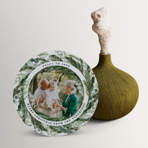 Modern minimal foliage wreath peace script holiday card