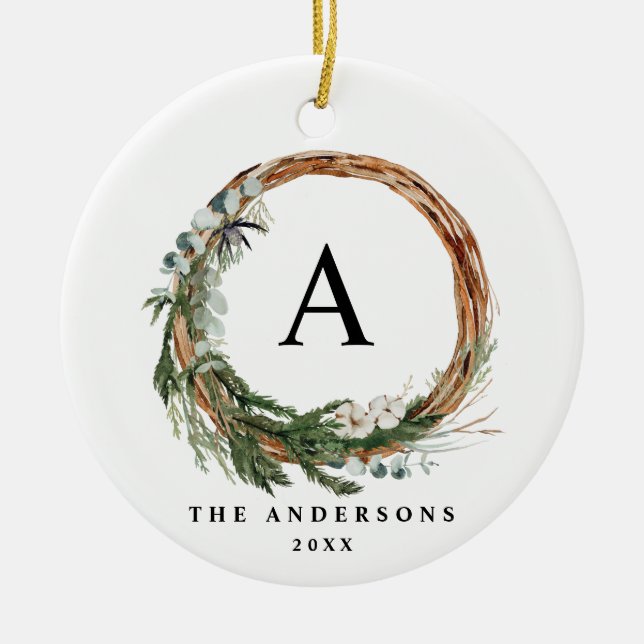 Modern minimal foliage wreath peace script holiday ceramic ornament (Front)