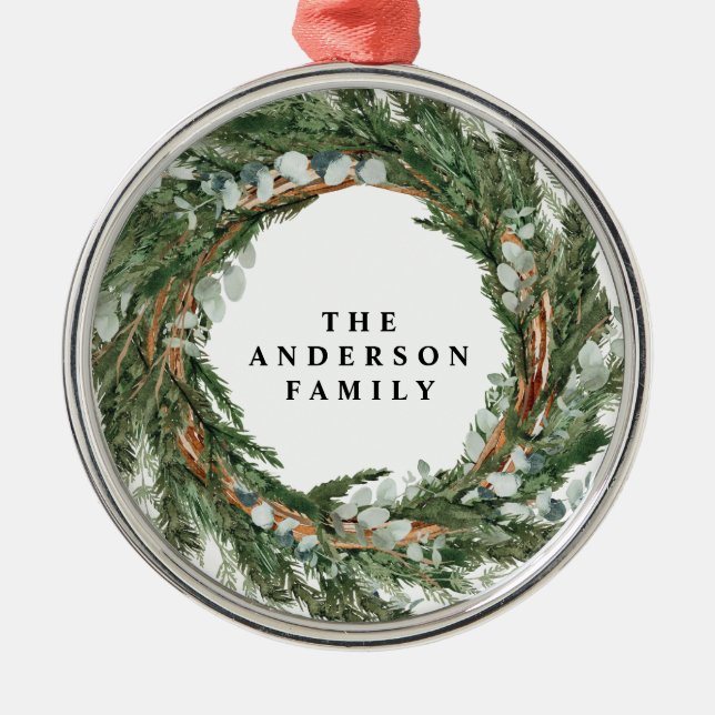 Modern minimal foliage wreath peace script holiday metal ornament (Front)