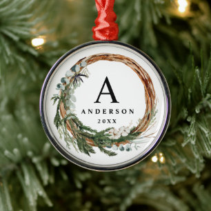 Modern minimal foliage wreath peace script holiday metal ornament