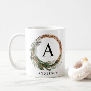 Modern minimal foliage wreath photo script holiday coffee mug