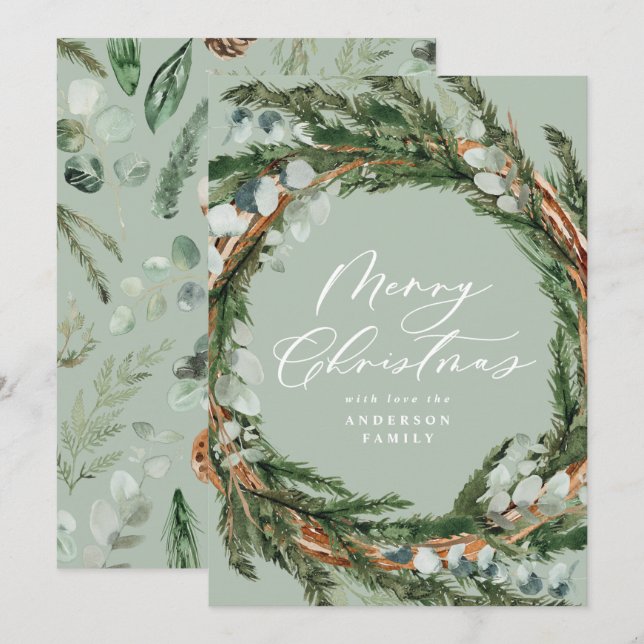 Modern minimal foliage wreath sage green Christmas Holiday Card (Front/Back)
