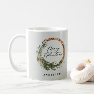 Modern minimal foliage wreath script Christmas Coffee Mug