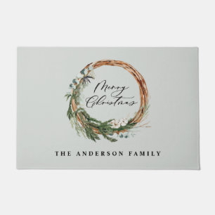 Modern minimal foliage wreath script Christmas Doormat