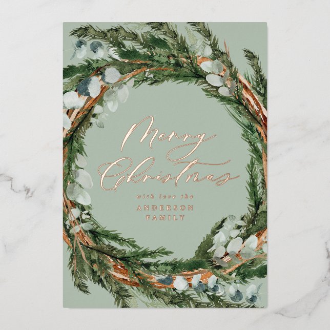 Modern minimal foliage wreath script Christmas Foi Foil Holiday Card (Front)