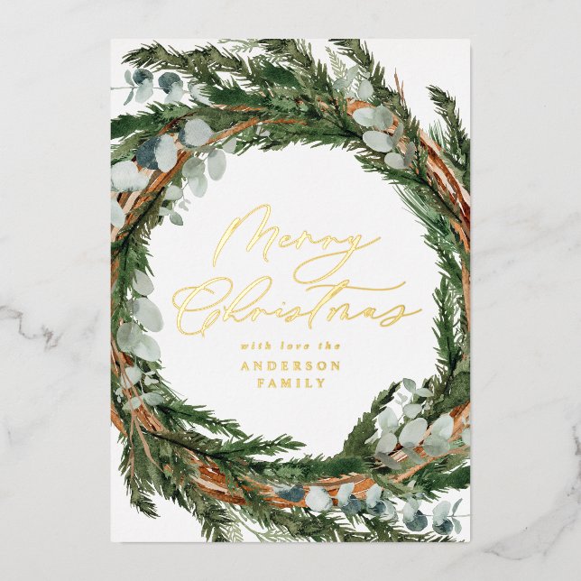 Modern minimal foliage wreath script Christmas Foil Holiday Card (Front)