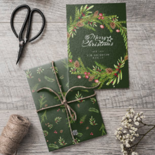 Modern minimal foliage wreath script Christmas  Holiday Card