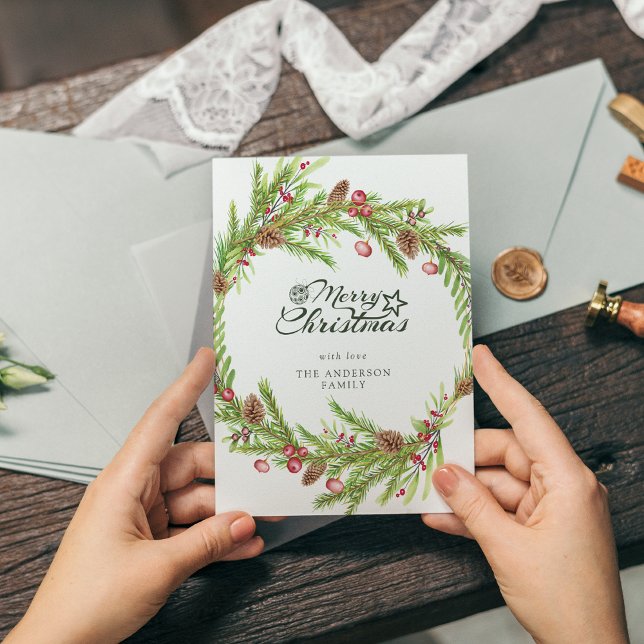 Modern minimal foliage wreath script Christmas  Holiday Card (Creator Uploaded)