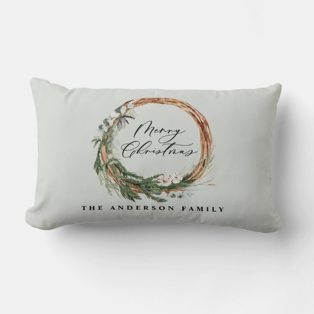 Modern minimal foliage wreath script Christmas Lumbar Cushion (Front)
