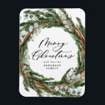 Modern minimal foliage wreath script Christmas Magnet<br><div class="desc">Modern minimal foliage wreath script Merry Christmas holiday Christmas card. Hand painted eucalyptus,  pine tree branch,  minimal foliage and modern rustic rattan wreath give this holiday card a luxurious feel. In classy greens,  browns and greys.</div>