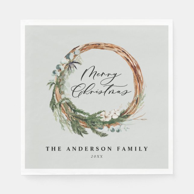 Modern minimal foliage wreath script Christmas Napkin (Front)