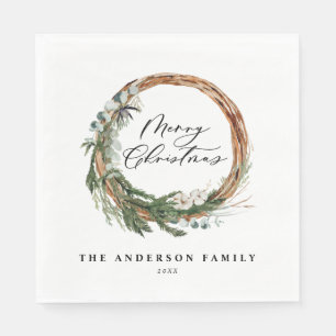 Modern minimal foliage wreath script Christmas Napkin