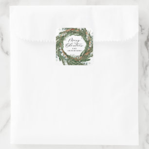 Modern minimal foliage wreath script Christmas Square Sticker