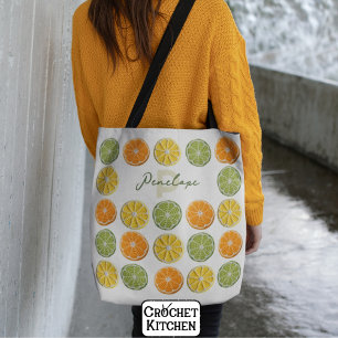 Modern Minimal Fresh Crochet Citrus Slices Name Tote Bag