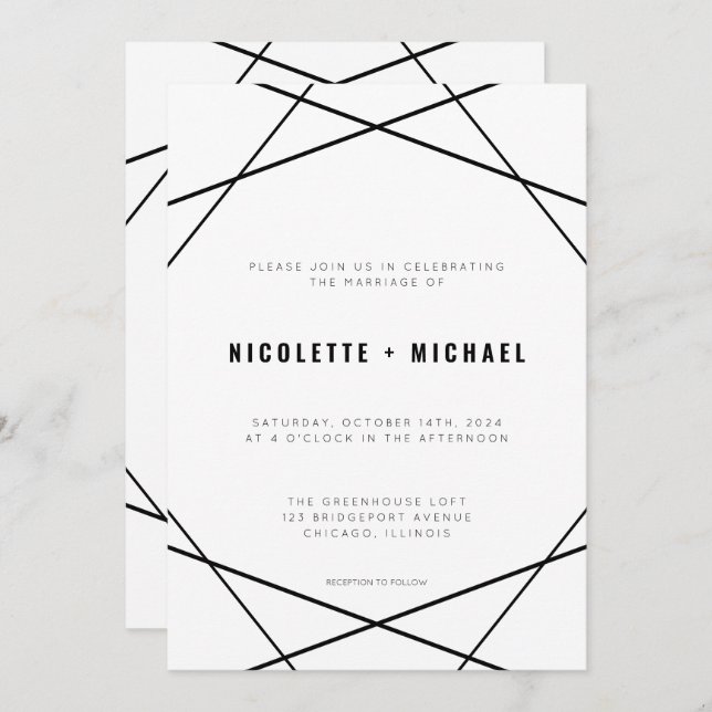 Modern Minimal Geometric Black and White Wedding Invitation (Front/Back)