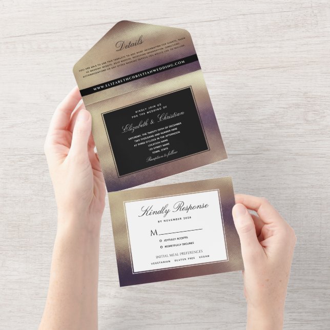 Modern Minimal Gold and Black Wedding All In One Invitation (Tearaway)