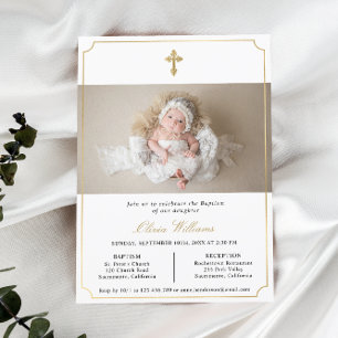Modern Minimal Gold Baby Baptism Photo Invitation